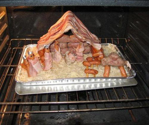 Sausage and bacon nativity