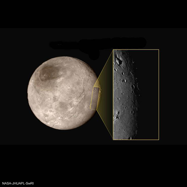 mystery mountain on Charon captured by New Horizons.  NASA-JHUAPL-SwRItery mountain on Charon