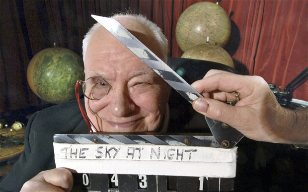 Sir Patrick Moore during filming of The Sky At Night