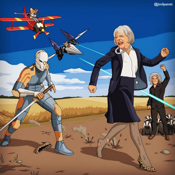 Mrs May persued by super heroes