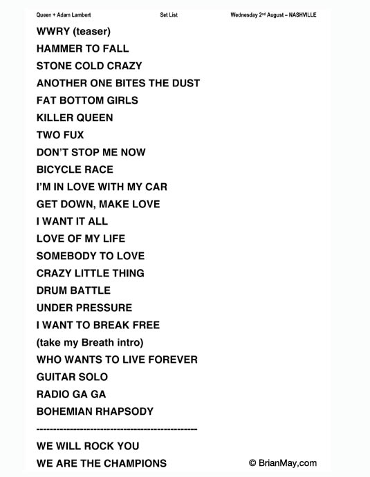 Q+AL Set List - Nashville