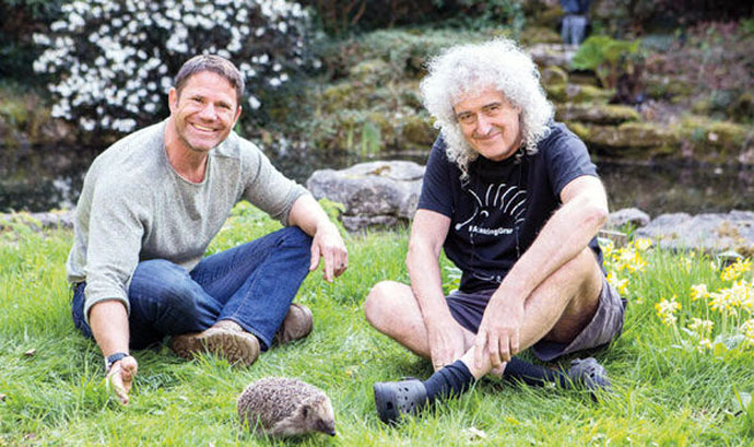 Steve Backshall and Brian May with hedgehogs