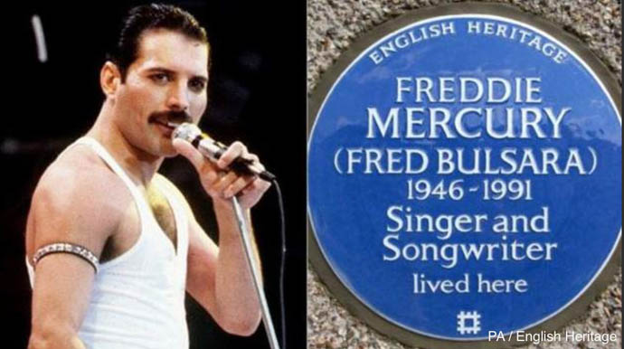 Freddie onstage and blue plaque