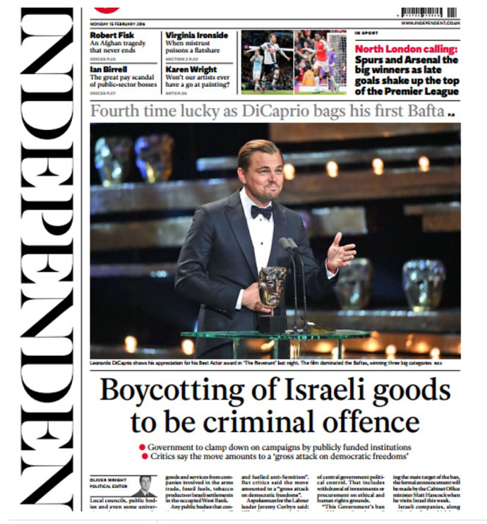 Independent front page 14 Feb 2016