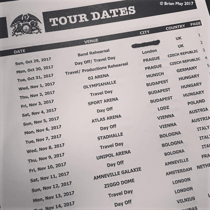 Tour itinerary - dates