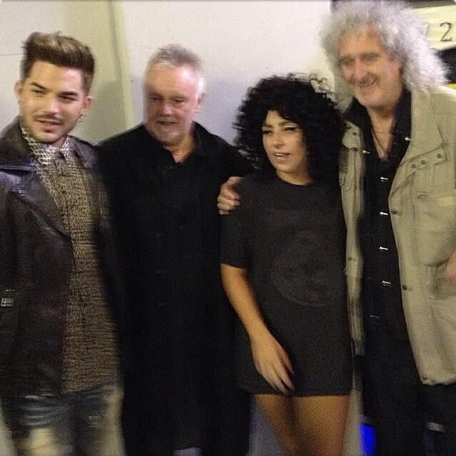 Adam Lambert, Roger Taylor, Lady Gaga and Brian May - backstage at her Perth concert 20 August 2014 