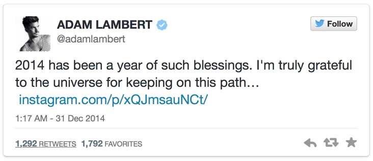Adam Lambert tweet 31 Dec 2014
