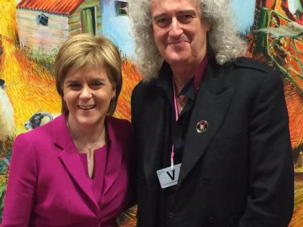 Nicola Strugeon, leader SNP, with Brian May in Ediniburgh 3 Sept 2015