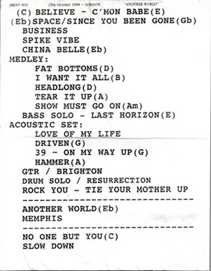 Set List - Royal Albert Hall - © Jen Tunney 1998