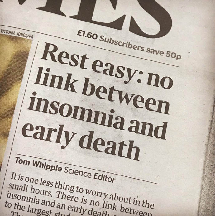 No link between insomnia and early death - news cutting