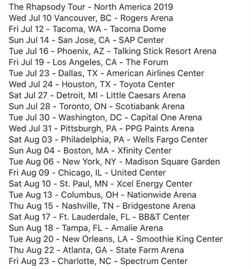 Queen + Adam Lambert USA 2019 Tour Dates