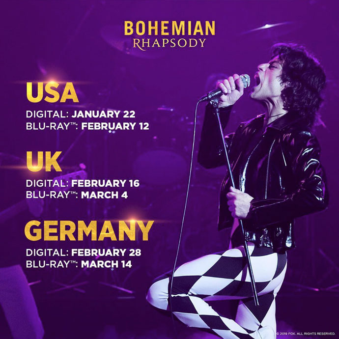 Bohemian Rhapsody DVD release dates USA, UK Germany