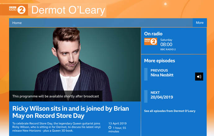 Brian May Radio 2 Ad for Dermon O'Leary Show 13 Apr 2019 - Ricky Wilson sits in