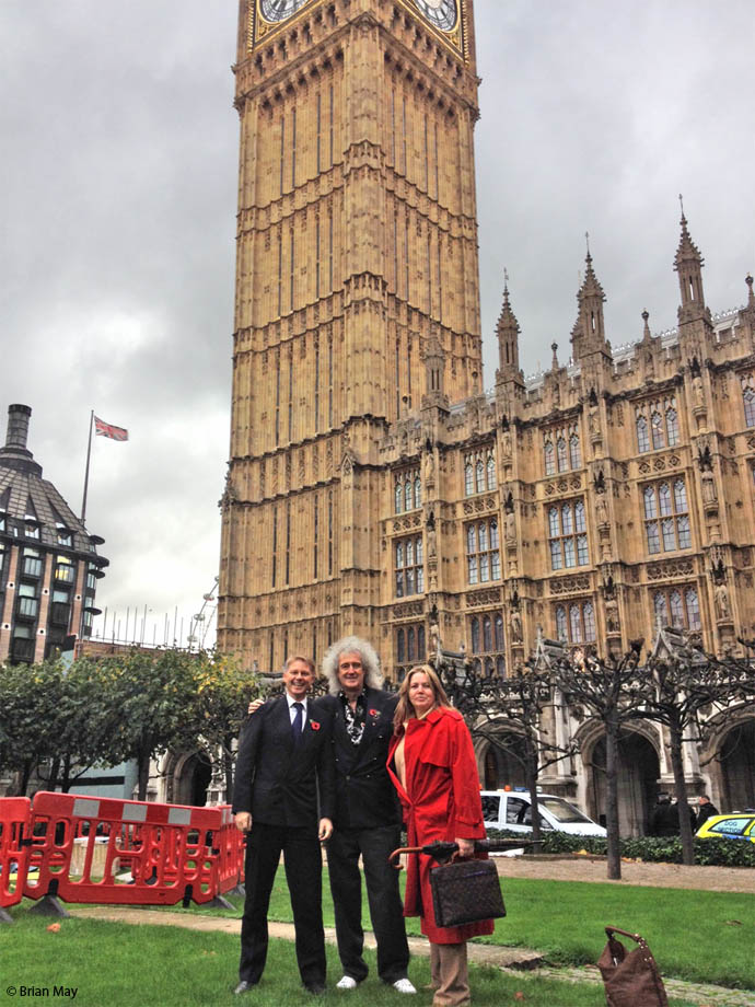 David Morris, Brian May, Anne Brummer outside ParliamentBadger-hugging extremists Bri and Anne, with Tory MP David Morris