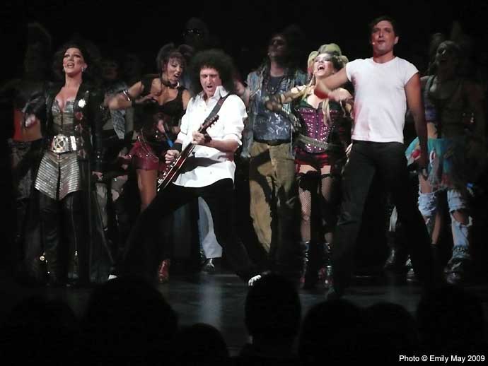 Brian May with ricardo Alfonso as Galileo Figaro, We Will Rock You 7th Birthay 18 May 2009, Dominion Theatre ©Emily May
