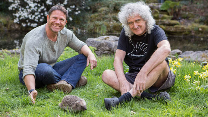 Steve Backshall and Brian May with hedgehog