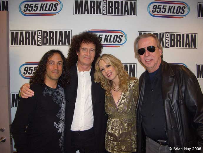 Brian at KLOS Radio, Los Angeles - 5 May 2008 (left Stew Herrera, right presenters Cynthia Fox and Jim Ladd)