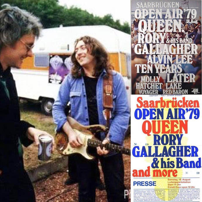 Roger Taylor and Rory Gallagher hang out at Saarbrucken Open-Air Fetival 1979