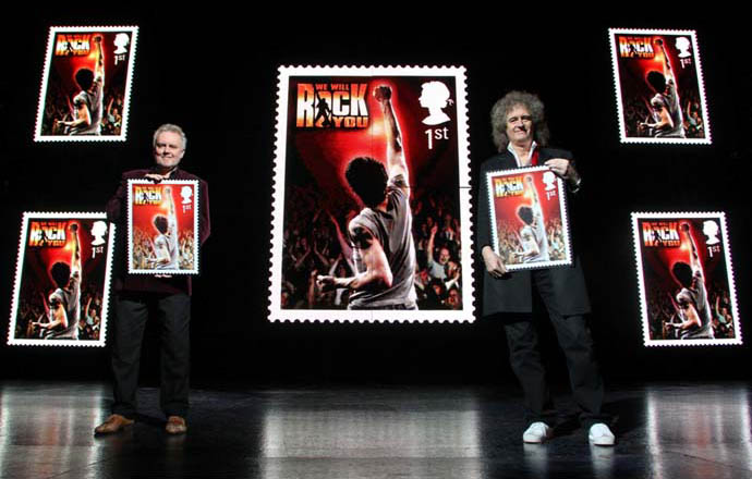 Brian May and Roger Taylor show We Will Rock You Stamp