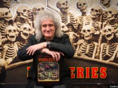 Brian May at Diableries Press Launch- with skeletons