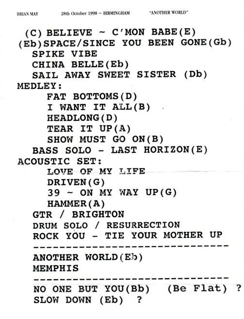 Birminahm setlist 28 Oct 1998