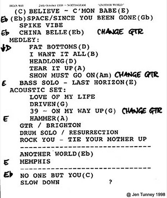 Brian May's personal setlist - Nottingham Royal Centre 24 Oct 1998
