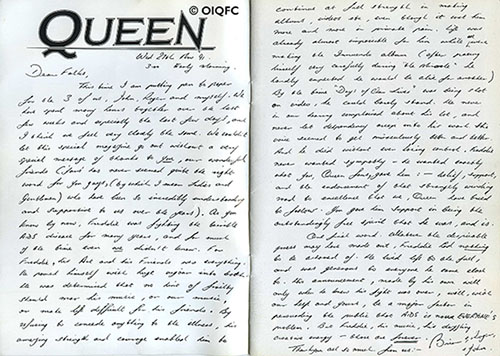 Brian May letter OIQFC Magazine - written 27 Nov 1991