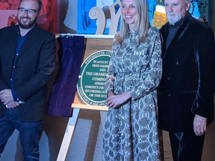 Roger Taylor at plaque unveiling, Maiden Lane studio
