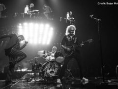 Adam, Roger and Brian on stage - B&W