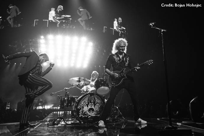Adam, Roger and Brian on stage - B&W