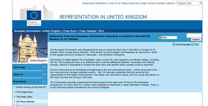 EU Statement re article Mail On Sunay 21 October 2012