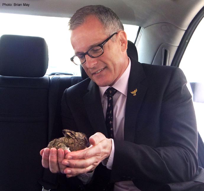 Brian Paddick - LibDem Mayoral candidate - enjoying meeting our latest rescuee … a very small baby Hare …  a girl -Poppy !