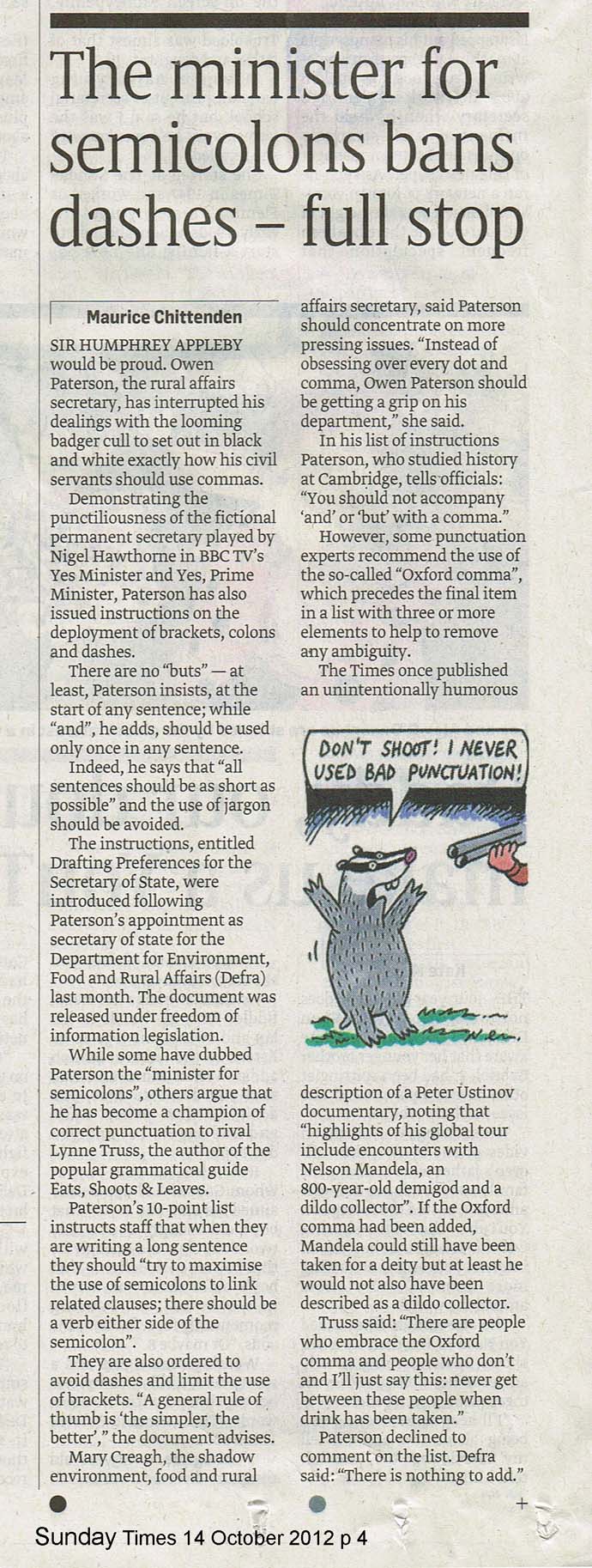 Sunday Times - badger cartoon