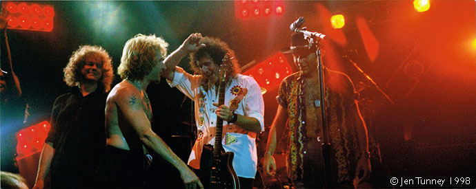 Brian May Band, Colston Hall, Bristol 27 October 1998 by Jen Tunney [Pictured: Neil Murray, Eric Singer, Brian May and Jamie Moses]