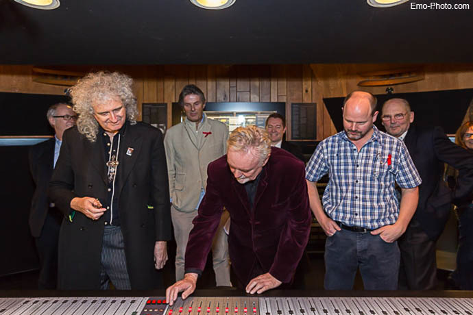 Brian May, Roger Taylor and Justin Shirley-Smith at sound desk