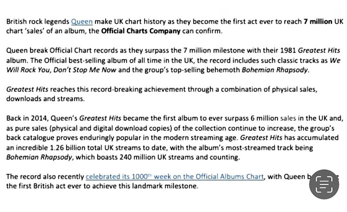 Queen Greatest Hits 7M sales statement