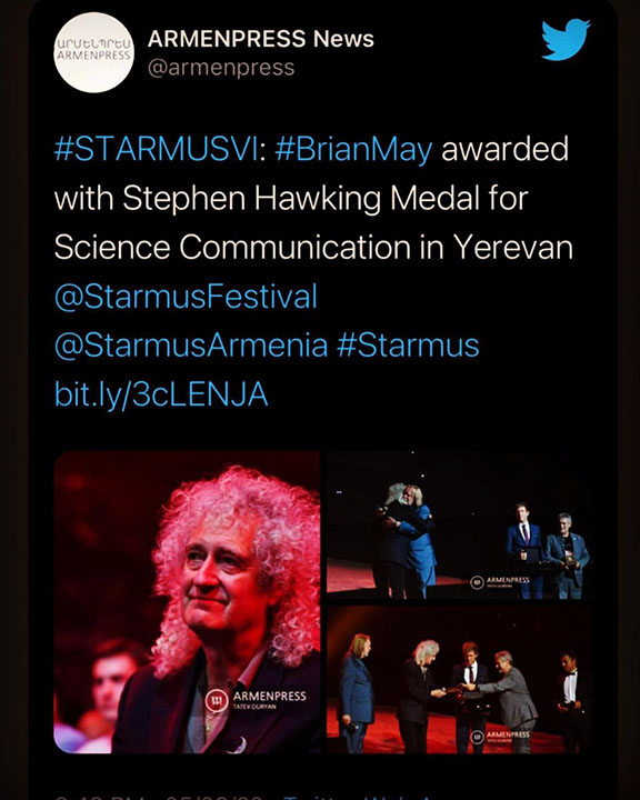 Brian May awarded Stephen Hawking Medal