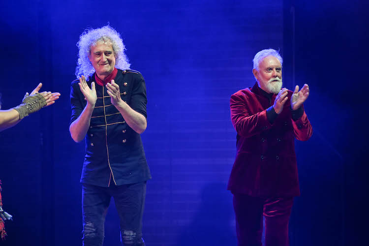 Brian May and Roger Taylor perform during the We Will Rock You Gala Performance at The Coliseum theatre on June 7, 2023 in London, England. (Photo by Dave Hogan/Hogan Media)