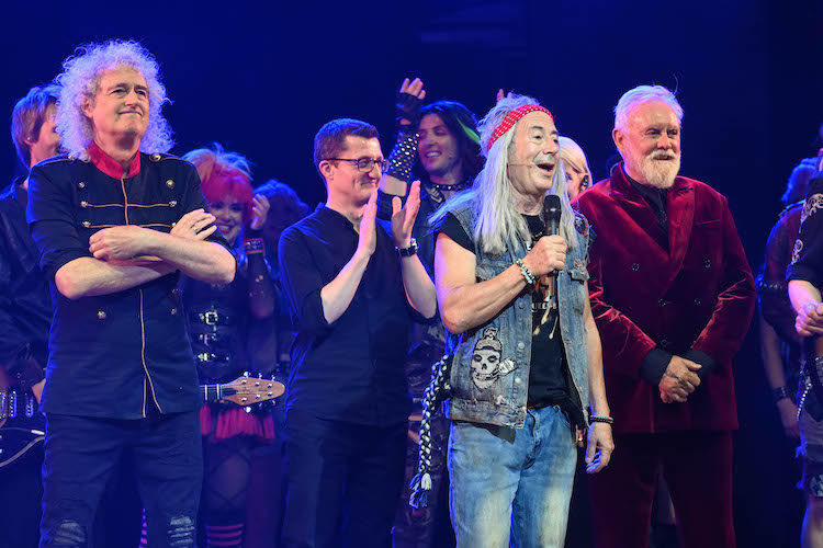 (L-R) Brian May, Ben Elton and Roger Taylor perform during the We Will Rock You Gala Performance at The Coliseum theatre on June 7, 2023 in London, England. (Photo by Dave Hogan/Hogan Media)