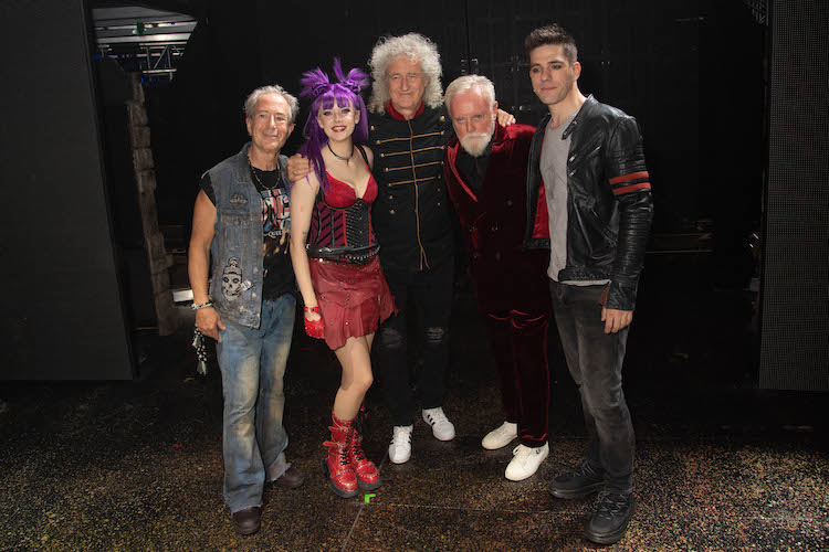 (L-R) Ben Elton, Elena Skye, Brian May, Roger Taylor and Ian McIntosh backstage after the We Will Rock You Gala Performance at The Coliseum theatre on June 7, 2023 in London, England. (Photo by Dave Hogan/Hogan Media)