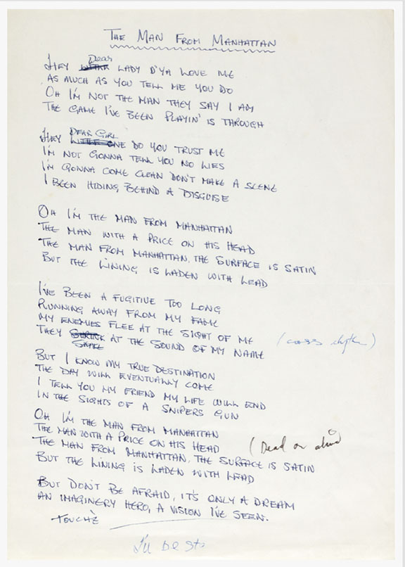 Original handwritten lyrics Man From Manhattan by Eddie Howell