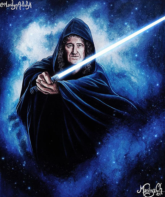 Brian May in cloak with light sabre