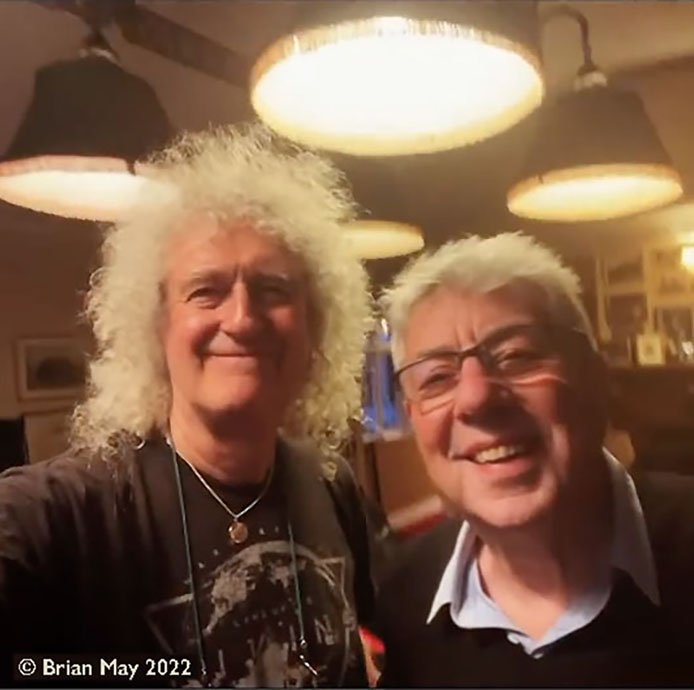 Brian May and Graham Gouldman smiling, Brian's studio 24 March 2022