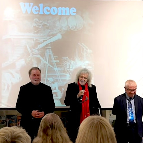 Brian May and co-authors Derek Ward-Thompson and J-P Metsävainio presenting Islands in Infinity: Galaxies 3-D