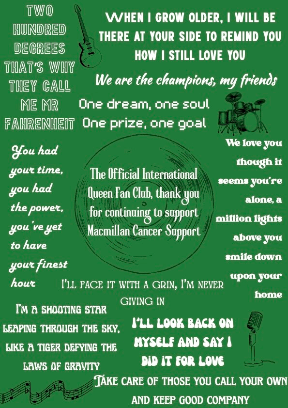 Official International Queen Fan Club thank you letter from MacMillan Cancer Support
